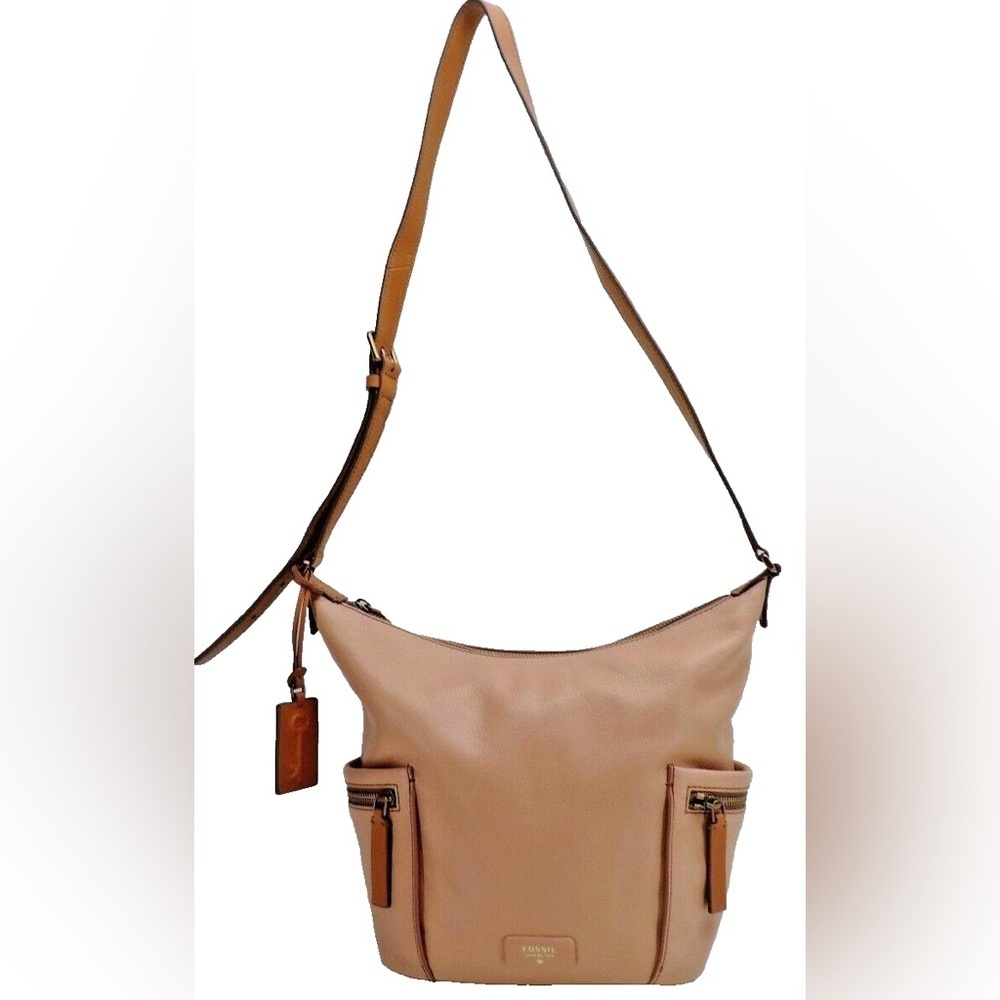 Fossil Emerson Small Hobo ShellPink Leather Shoulder Handbag +Logo Key Tag